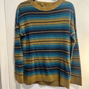 REI Cooperative Blue and Yellow Striped Crewneck Sweater